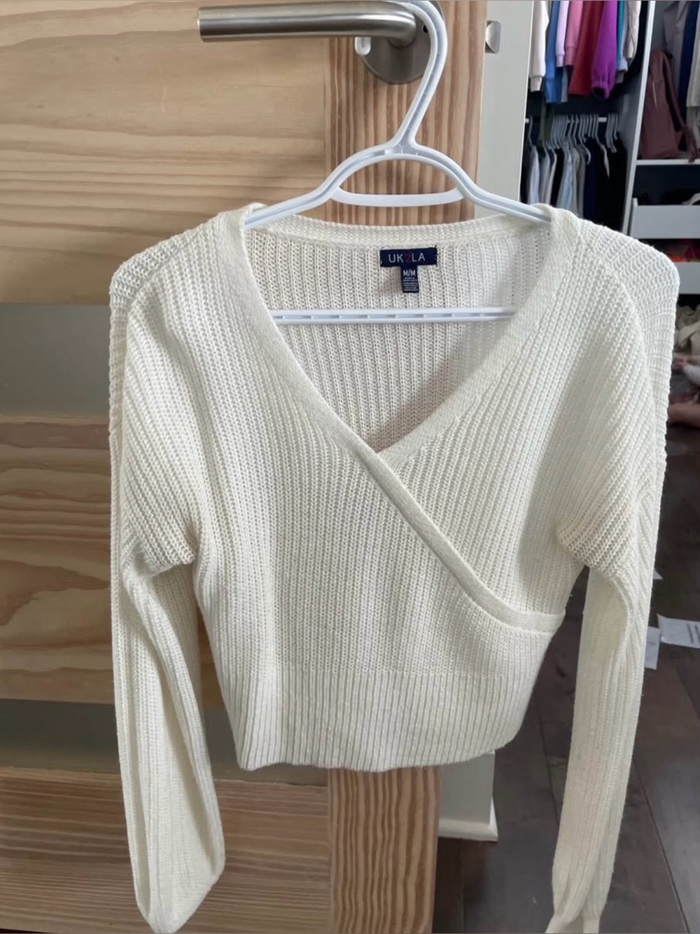 UK2LA White Wrap V-Neck Ribbed Knit Sweater - medium